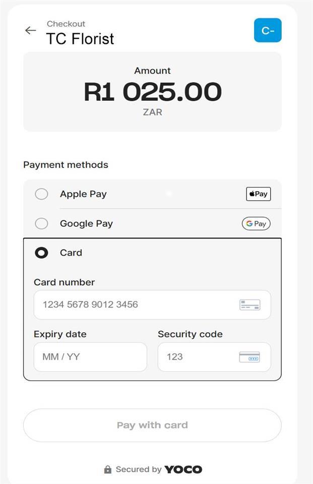 Direct card payment checkout with Visa Mastercard and American Express for South Africa florist websites